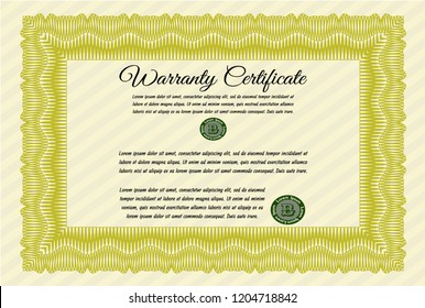 Yellow Warranty template. Money style design. Easy to print. Customizable, Easy to edit and change colors. 