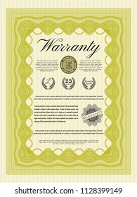 Yellow Warranty template. Sophisticated design. Detailed. With great quality guilloche pattern. 