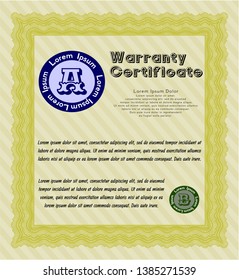 Yellow Warranty template. Vector illustration. With complex background. Money Pattern design. 