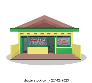 Yellow Warteg_Warung Tegal -  Restaurant that provides Indonesia food and drinks at cheap prices. Cartoon Flat isolated illustration on a white background. Translate Halal Guarantee - various drink