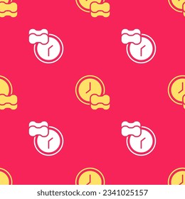 Yellow Washing dishes icon isolated seamless pattern on red background. Cleaning dishes icon. Dishwasher sign. Clean tableware sign.  Vector