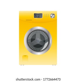 Yellow washing machine isolated on a white background. Realistic vector washing machine.