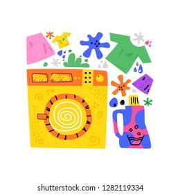 Yellow washing machine on the background of colored things. Hand-washing delicate articles of clothing. Concept laundry room. Cartoon vector.