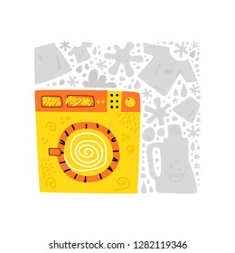 Yellow washing machine on the background of gray things. Gray border of things. Concept laundry room. Cartoon vector.