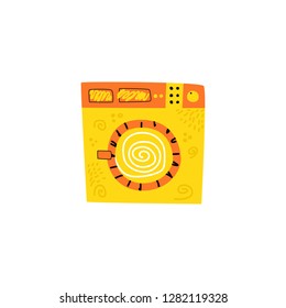 Yellow washing machine on a white background. Ñlothes are washed and dried. Concept laundry room. Cartoon vector.