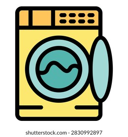 Yellow washing machine with open door, ready for laundry, featuring water level indicator