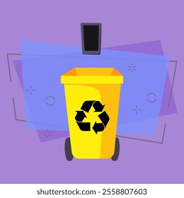 Yellow waste bin and gadget. Container with recycling sign and wheels. Vector illustration can be used for topics like waste sorting, garbage, trash