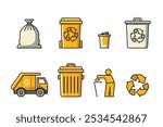 Yellow waste management icons, including garbage bags, recycling containers, trash cans, a garbage truck, and a recycling symbol in yellow and gray.