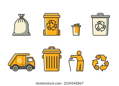 Iconos amarillos de gestión de residuos, incluidas bolsas de basura, contenedores de reciclaje, botes de basura, un camión de basura y un símbolo de reciclaje en amarillo y gris.