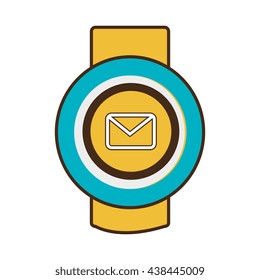 yellow watch with blue frame and yellow circle inside with mail icon over isolated background, technology concept, vector illustration