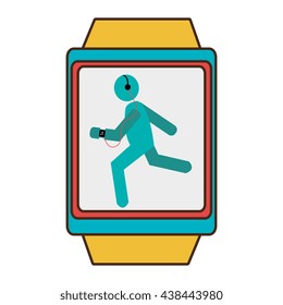 yellow watch with blue and red frame cartoon human running side vier with headphones over isolated background, vector illustration