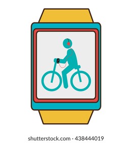 yellow watch with blue and red frame cartoon human riding a bike side vier with headphones over isolated background, vector illustration