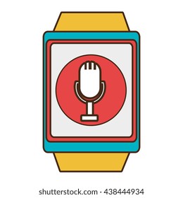 yellow watch with blue and red  frame with a  red circle inside the screen  with microphone icon over isolated background, technology concept, vector illustration