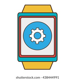 yellow watch with blue and red  frame with a  blue circle inside the screen  with settings icon over isolated background, technology concept, vector illustration
