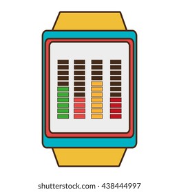 yellow watch with blue and red  frame with colorful stripes in the screen over isolated background, technology concept, vector illustration
