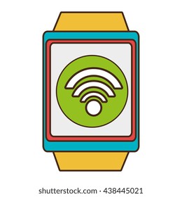 yellow watch with blue and red  frame with a  green circle inside the screen  with wifi icon over isolated background, technology concept, vector illustration