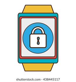 yellow watch with blue and red  frame with a  blue circle inside the screen  with lock icon over isolated background, technology concept, vector illustration
