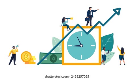 Yellow watch, on which a group of business people plan their business for the year. Business concept, businessman. Team work self-employed. Active recreation, work, Qr code iPhone. Vector illustration