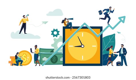 Yellow watch, on which a group of business people plan their business for the year. Business concept, businessman. Team work self-employed. Active recreation, work, Qr code iPhone. Vector illustration