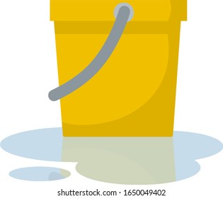 Yellow water bucket. element of cleaning house. object with handle. puddle of blue water. Wet floor. Cartoon flat illustration