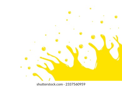Yellow water droplets splash and water bubbles on white background. Yellow liquid waves with copy space above.