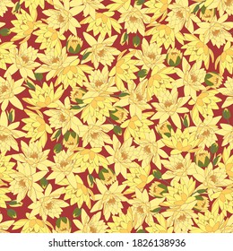Yellow water lillies on a red seamless background. Vector seamless pattern for design