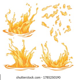 Yellow water splashes and drops set in vintage style on white background isolated vector illustration