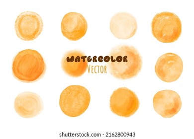 Yellow watercolor circle stain set. Aquarelle orange spots. Round shape watercolour blots. Vector illustration isolated on white background