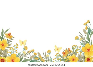 Yellow watercolor flower border for wedding, birthday, card, background, invitation, wallpaper, sticker, decoration etc.