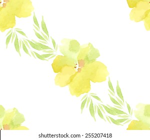 Yellow Watercolor Flower on white background. Seamless Pattern.