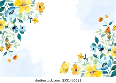 Fondo amarillo del marco de las flores de la acuarela para el diseño. Plantilla floral de la tarjeta del marco del borde. Ilustración de diseño de Vector. para Anuncio, tarjeta de boda. 