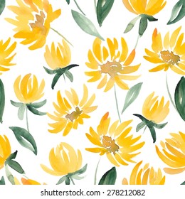 Yellow Watercolor Flowers and leaf seamless summer pattern. Vector illustration