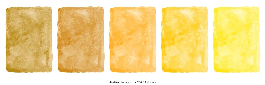 Yellow watercolor hand drawn backgrounds vector set, collection.  Honey lemon mustard ochre gold dark light yellow. A4 watercolour textures with aquarelle stains. Painted rectangle templates bundle