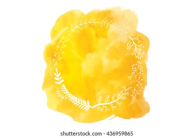 Yellow Watercolor hand painted banner with herbs and spices. The perfect design for greeting card, menus, kitchen decor, cosmetics, natural and organic products. Banner with space for text