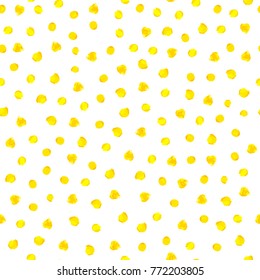 Yellow watercolor hand painted polka dot seamless pattern on white background. Gold circles, confetti glitter round texture. Vector illustration for baby kid fabric textile, design greeting cards.