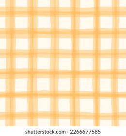 Yellow Watercolor Hand-Drawn Gingham Vector Seamless Pattern. Romantic Artistic Cottagecore Checks. Homestead Farmhouse Print. Pastel Summer Graphic Background