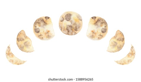 Yellow Watercolor moon phases isolated on white background modern space design