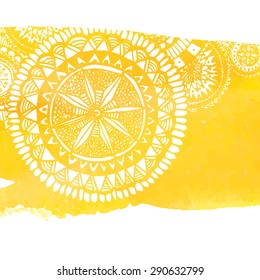 Yellow  watercolor paint background with white hand drawn round doodles and mandalas. Vector design of backdrop.