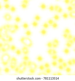 yellow watercolor pattern with little irregular light spots with rays and illuminated center on white background, vector illustration