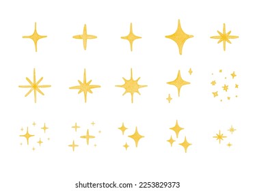 Yellow watercolor sparkle symbol vector set. Bright firework, decoration twinkle, shiny flash. Glowing light effect stars and bursts collection