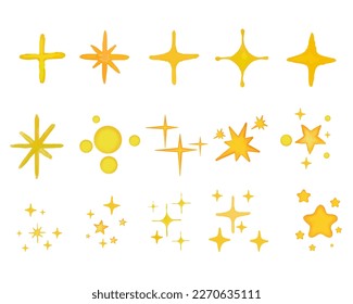 Yellow watercolor sparkle symbol vector set. Bright firework, decoration twinkle, shiny flash.