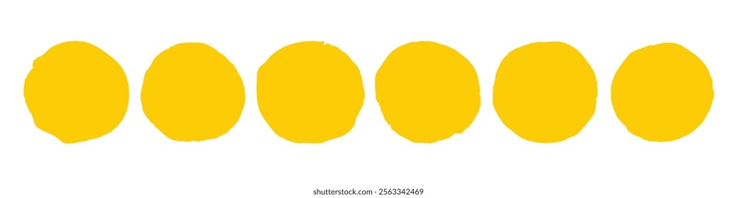 Yellow watercolor suns. Brush painted sun icons. Abstract hand-drawn summer background. Yellow vector brush paint circles set. Grungy round graphic elements collection. Rough messy handmade kid art bg