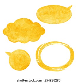 Yellow Watercolor Vector Speech Bubbles, Cloud And Oval Brush Stroke Frame With Rough, Artistic Edges