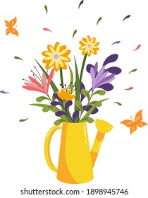 Yellow watering can with a bouquet of spring flowers and butterflies. Spring time. Vector card for invitations, congratulations, logos and icons. White background.