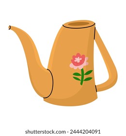 Yellow watering can for caring for house plants with a floral pattern. Farming and gardening, growing flowers. Vector illustration isolated on transparent background.