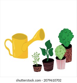 
Yellow watering can and home potted indoor plant. Set. Cartoon flat vector isolated on white background
