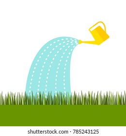 
A yellow watering can water the lawn from the green grass. flat vector illustration isolated on white background