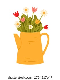 Yellow watering pot with flowers. Element of Easter.