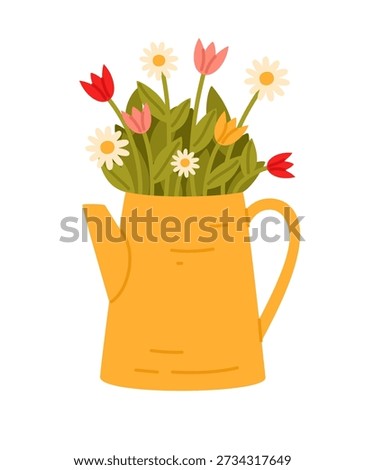 Yellow watering pot with flowers. Element of Easter.