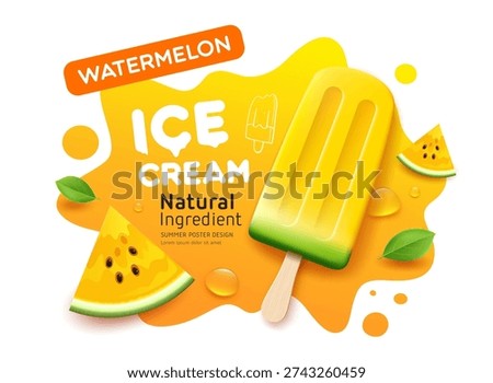 Yellow watermelon ice cream, Cool sweet fresh, poster design on yellow background, Eps 10 vector illustration